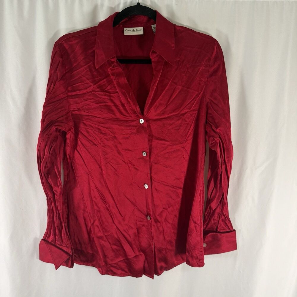 Amanda Smith 100% Silk Shirt Women's Medium Red Button Up Long Sleeve Collared